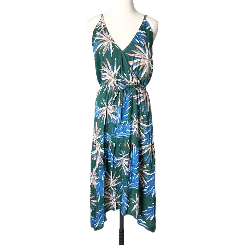 Birds of Paradis Trovata Sophie Green Tropical Palm Ramie Cotton Midi Dress Med